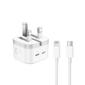 50W Dual USB-C Charger with Lightning Cable — UK Plug