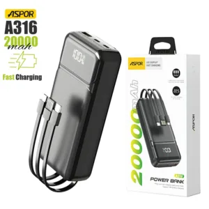 Aspor A316 20000mAh 22.5W Power Bank with Built-in Cable
